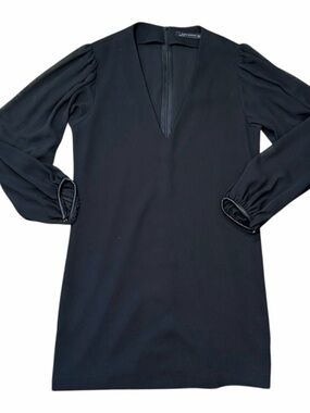 Women’s ZARA puff sleeve‎ black dress • deep V neck • sz medium